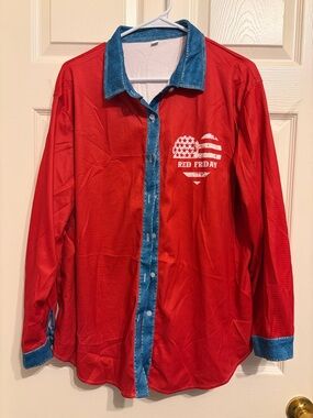 Red Friday Button-Up Shirt with Blue Trim